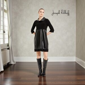Joseph Ribkoff, Black Faux Leather A-Line Dress Mixed Media Empire Waist, Size 4